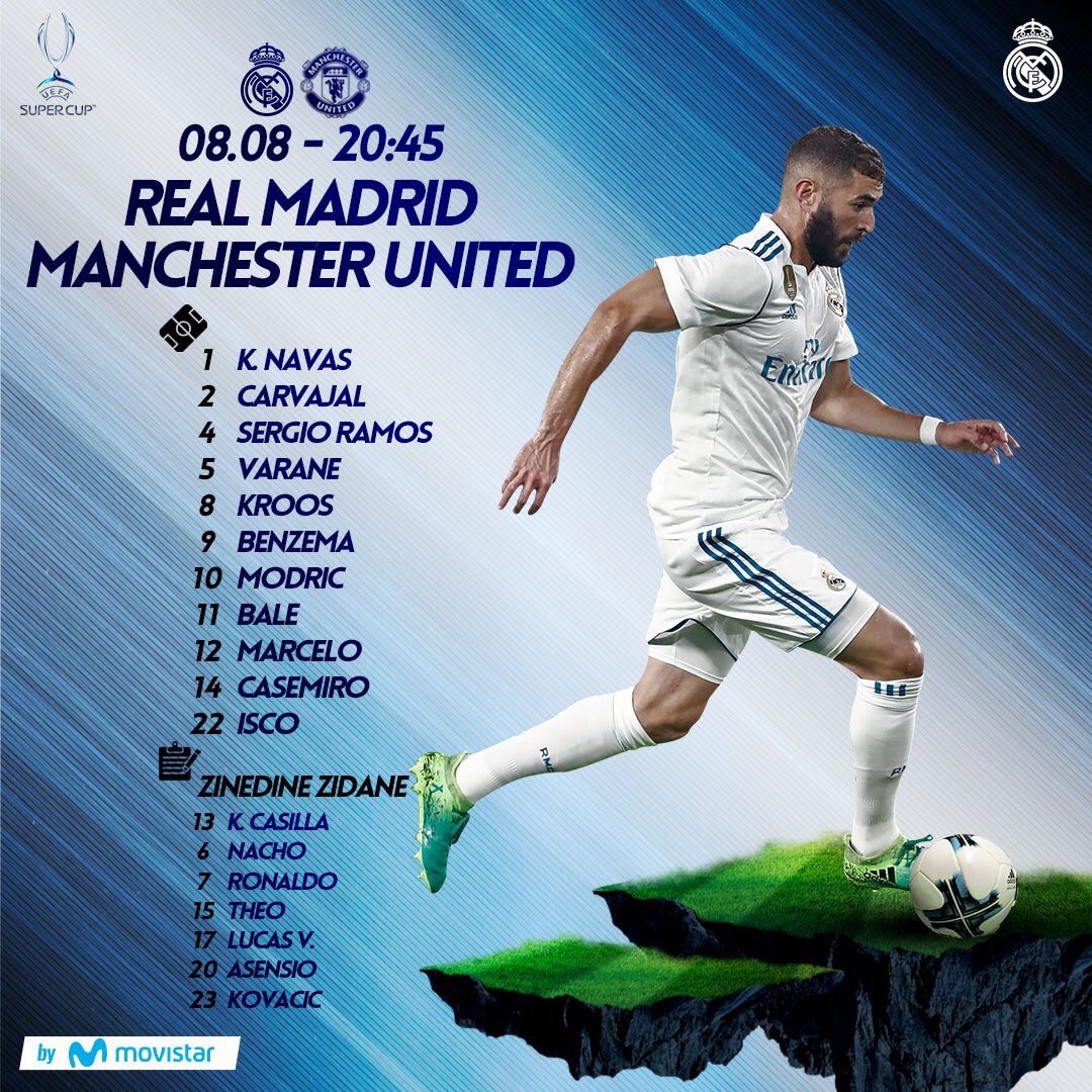 Fed_Int_PM's tweet photo. One hour to go for the #UEFASuperCup 🙌🏻🙌🏻🙌🏻

Here's the starting 11 and subs for #RealMadrid 
#HalaMadridYNadaMas 💪🏼 https://t.co/cwJEsoZ70p