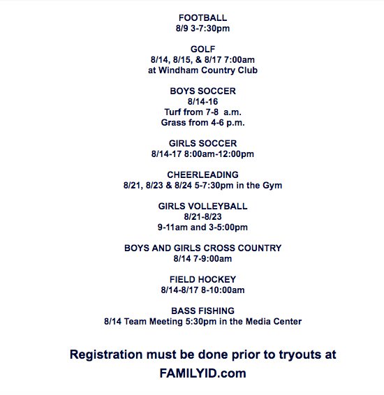 WindhamAthletic's tweet photo. Fall Sports Tryout Dates!
#jagpride https://t.co/M5nWD0cWQa