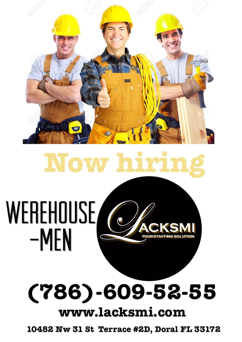 LacksmiStaff's tweet photo. Now HIRING warehouse MEN and forklift operator Call (786) 609-5255 #Work #working #LacksmiStaff #Employment https://t.co/d3hl9yCxki