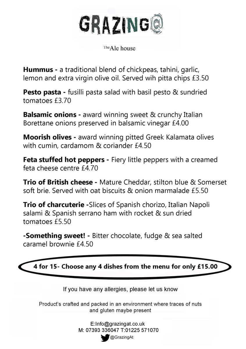 New Grazing@ menu running at the <a href="/BathAleHouse/">The Ale House</a> from this evening. Enjoy a drink &amp; good food late at night when most places have closed up!