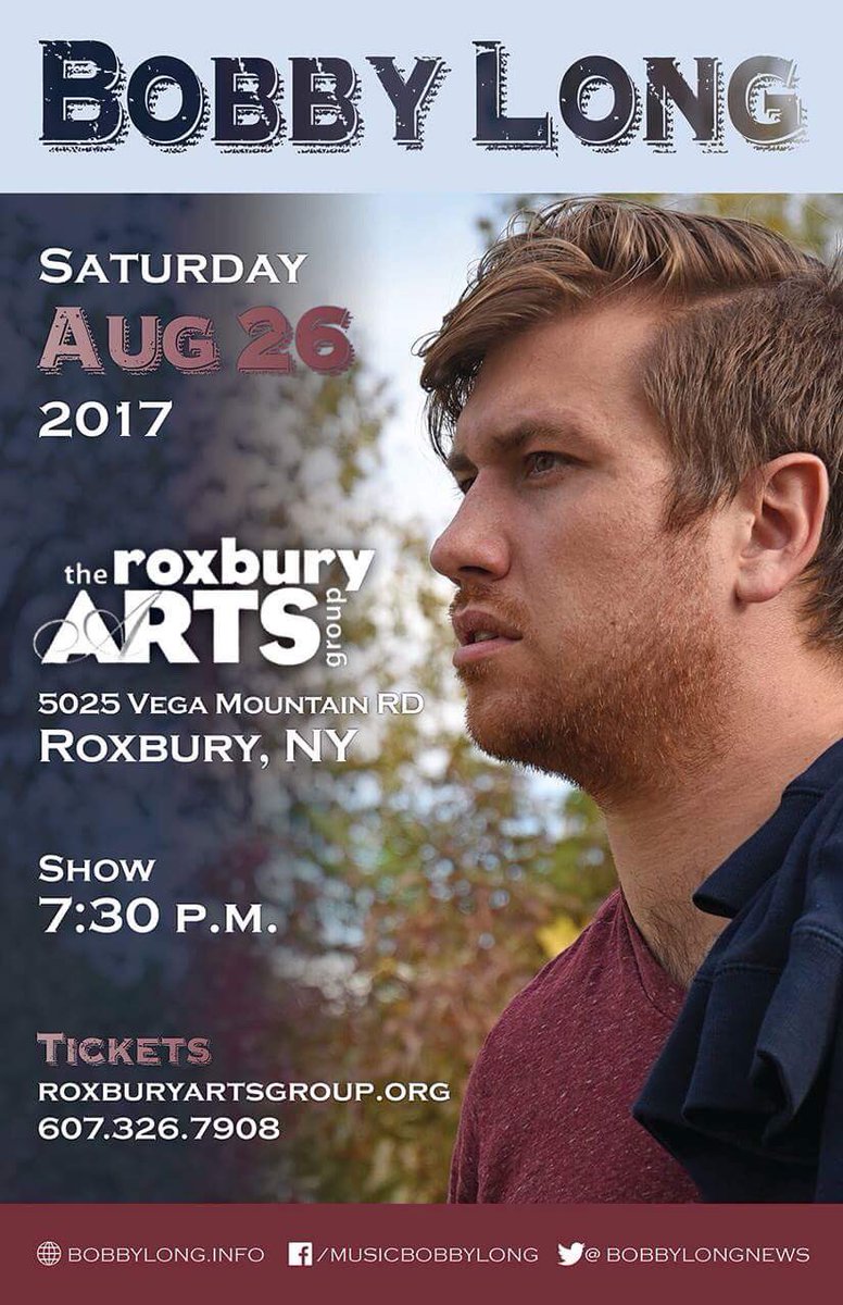 🎶Don't miss <a href="/BobbyLongNews/">Bobby Long</a> #live at #RoxburyArtsCenter #RoxburyNY #UpstateNY on 8/26 #livemusic #concert 
Tickets: roxburyartsgroup.org/2016/05/04/aug…