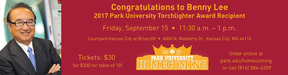 ParkUniversity's tweet photo. Congratulations to #DuraComm CEO Benny Lee, who will accept the 2017 #ParkU Torchlighter Award on Sept. 15!
TICKETS: https://t.co/hp8T1HGwxb https://t.co/ONCg0aADBl