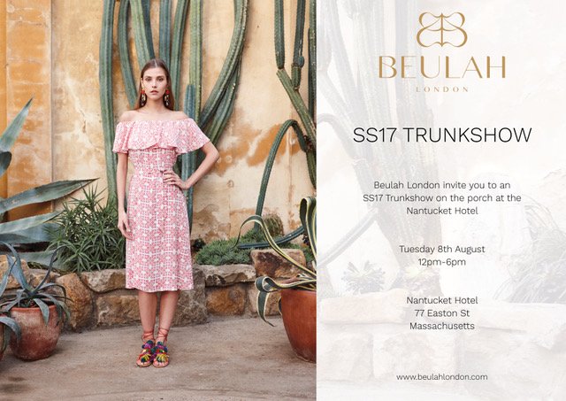 Join us today thru 6pm for Beulah Trunk Show <a href="/nantuckethotel/">The Nantucket Hotel</a>. Garments sold benefit human trafficking victims. Choose from luxury offerings.