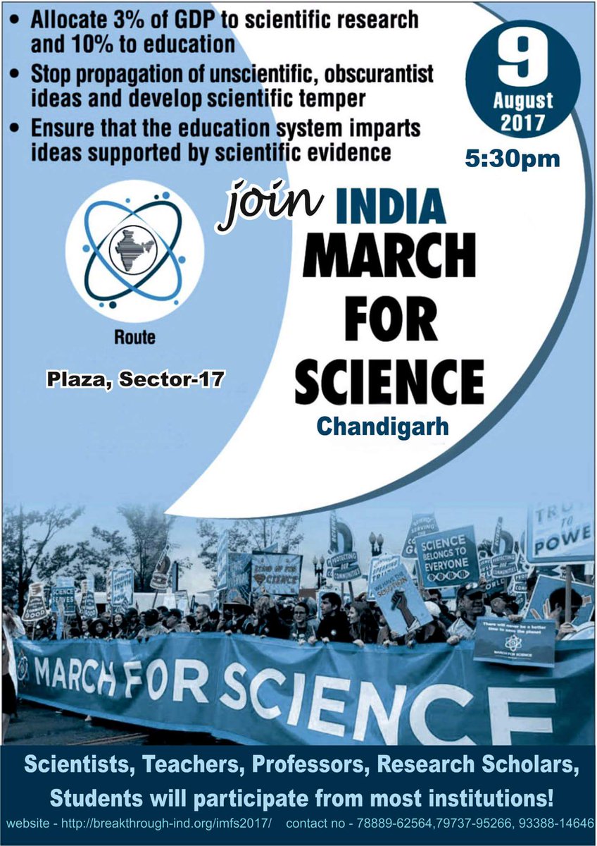 Rohantific's tweet photo. #SaveScience #SaveIISER #MarchforScience
Date:- 9th August 2017 (Wednesday)
Time:- 5:30 pm
Venue:- Sector 17, Chandigarh https://t.co/zmKYBqaCww