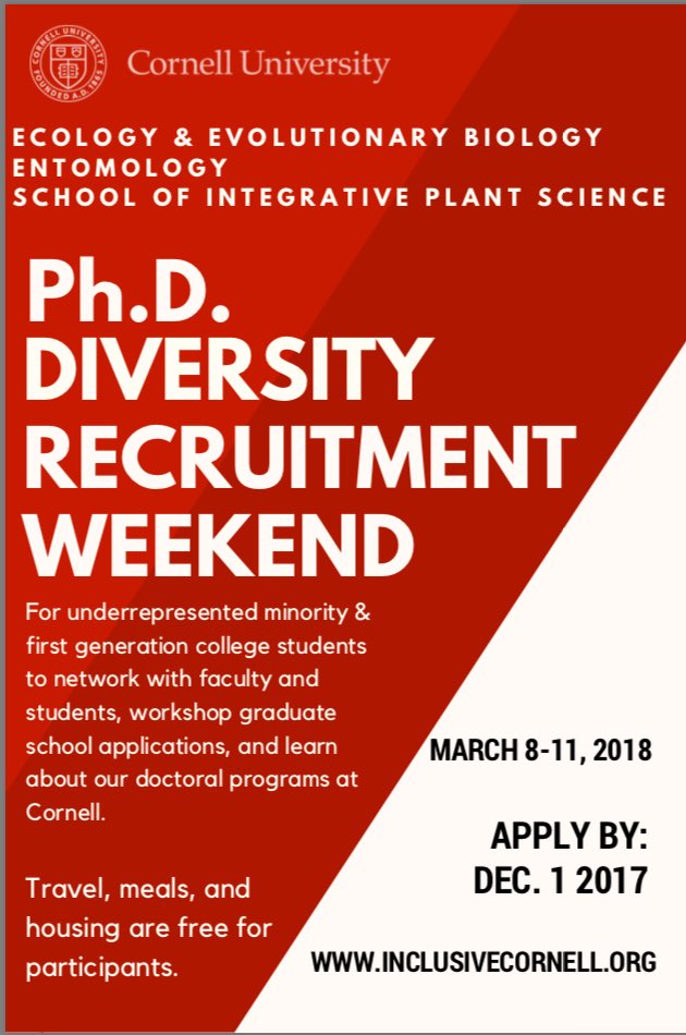 The 2018 Cornell PhD Diversity Recruitment Weekend is open for applications! #URM &amp; #firstgencollege students are eligible. #diversifySTEM