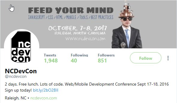 NC DevCon Oct 7-8 Raleigh, NC  ncdevcon.com Great conference. Tickets still available! #html5 #JavaScript #jQuery Please RT.