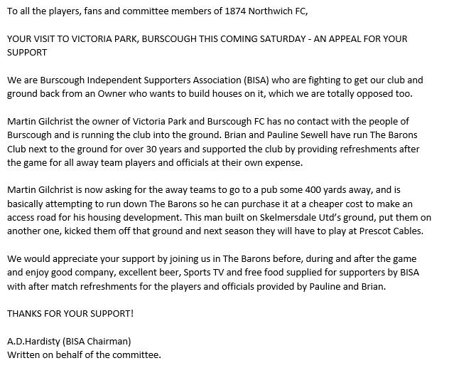 A message to <a href="/1874Northwich/">1874 Northwich</a> and it's supporters <a href="/1874Matchday/">74 LIVE</a>