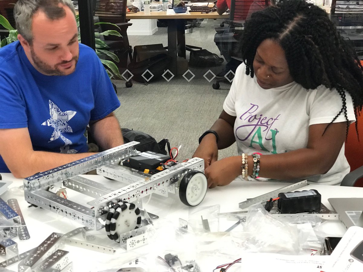 nycfirst's tweet photo. Our FTC Program Manager Mary-Ann learning how to build Robot w/ Sloan from Dalton! #Dalton #OMGRobots #FTC #FIRSTRobotics #ProjectAloe https://t.co/cGxzXyF4yR
