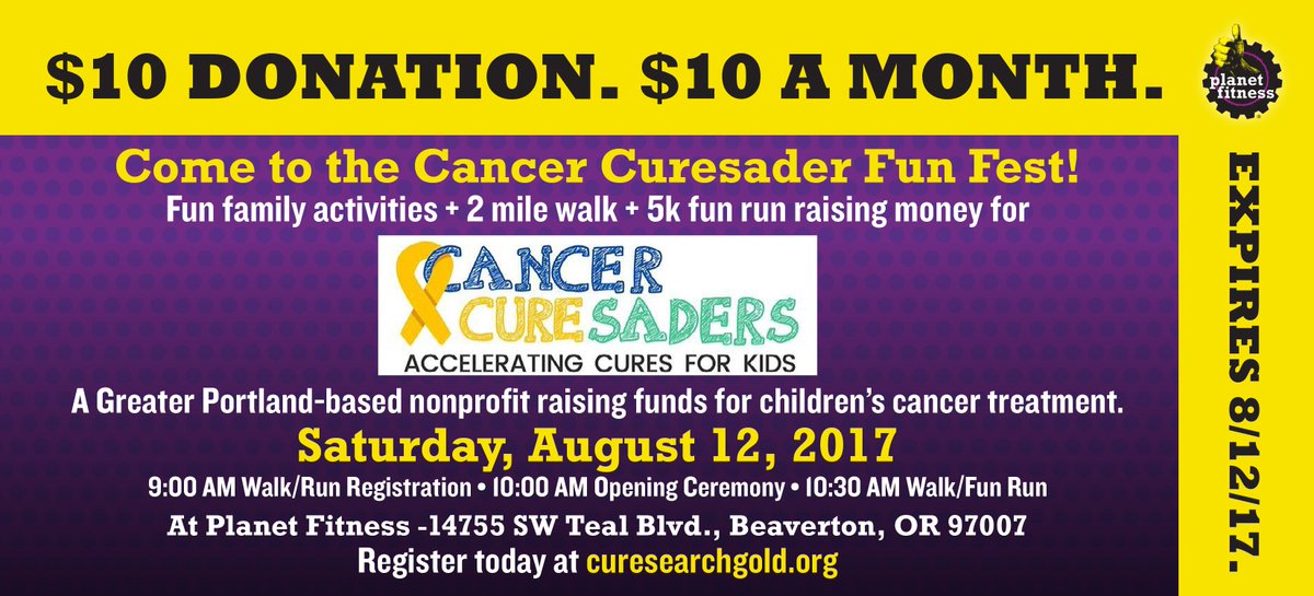 Sign up for #CancerCuresaders #FunFest &amp; get #free registration <a href="/PlanetFitness/">Planet Fitness</a> #Beaverton! Help us #endchildhoodcancer! #cancer #pdx