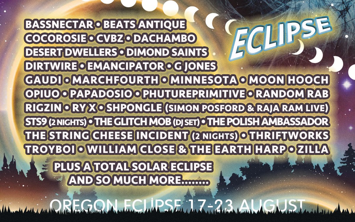 Holy main stage... <a href="/bassnectar/">Bassnectar</a> <a href="/STS9/">STS9</a> <a href="/SCI_Official/">The String Cheese Incident</a> and the list goes on and on and on. @OregonEclipse I think you've out done yourself ;)