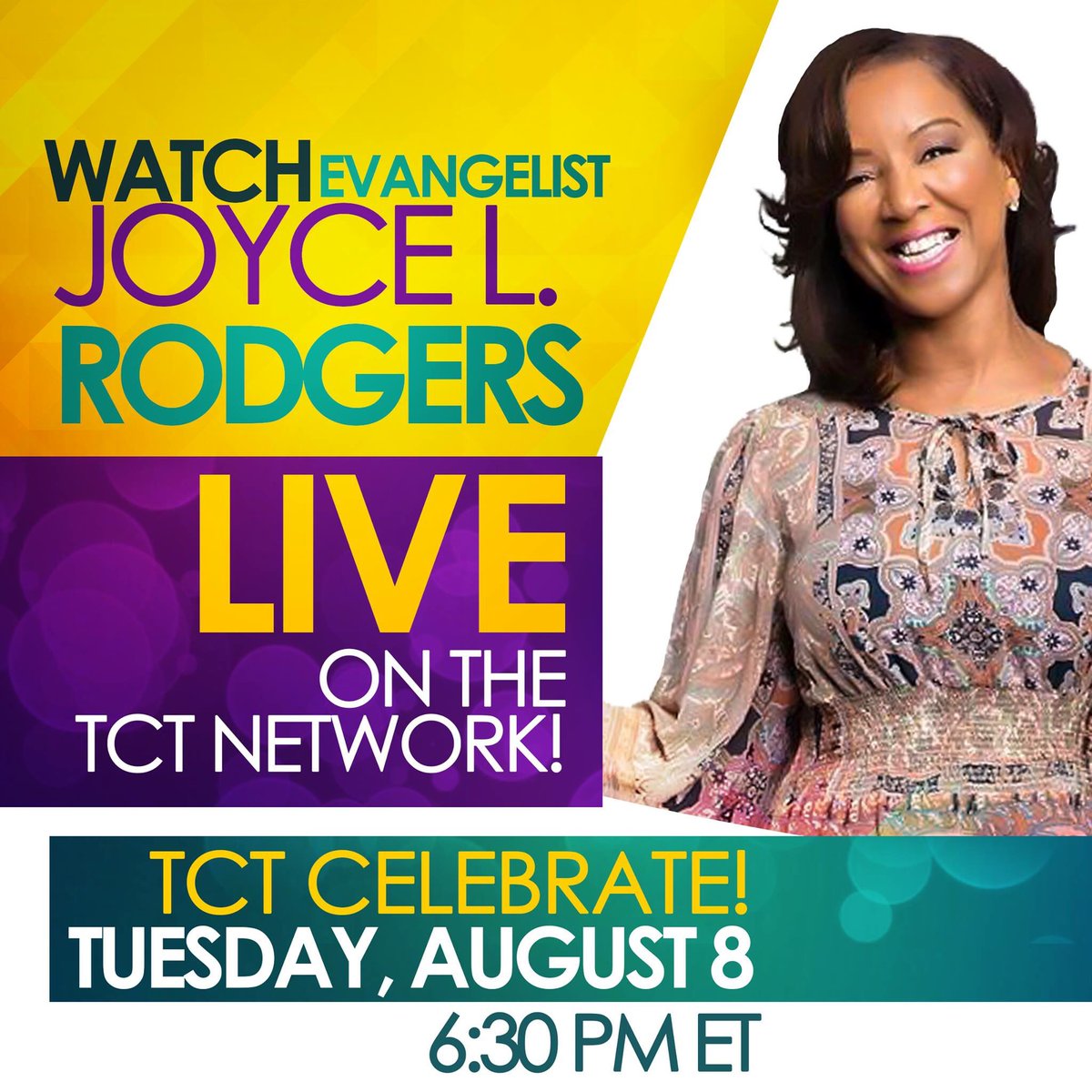 MsjoyceLRudgers's tweet photo. Watch Evangelist Joyce L. Rodgers LIVE on @tcttv Celebrate TONIGHT @ 6:30 PM ET! #ReJOYCE https://t.co/9E5msISTTO