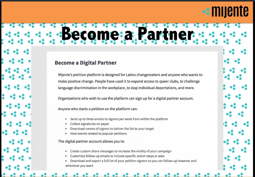 ConMijente's tweet image. Orgs can become digital partners and send emails, download contacts, and customize social media links for their campaigns. #onlineorganizing