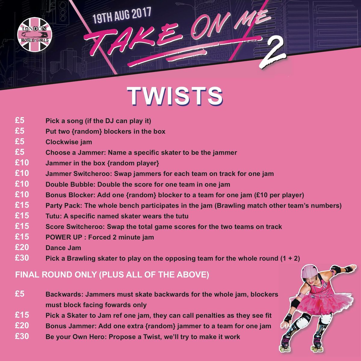 ldnrollerderby's tweet photo. Behold! The official twists list for Take On Me 2! #london #takeonme #OfficialCampaignToPutDracInATutu https://t.co/lbnGuvuRiB