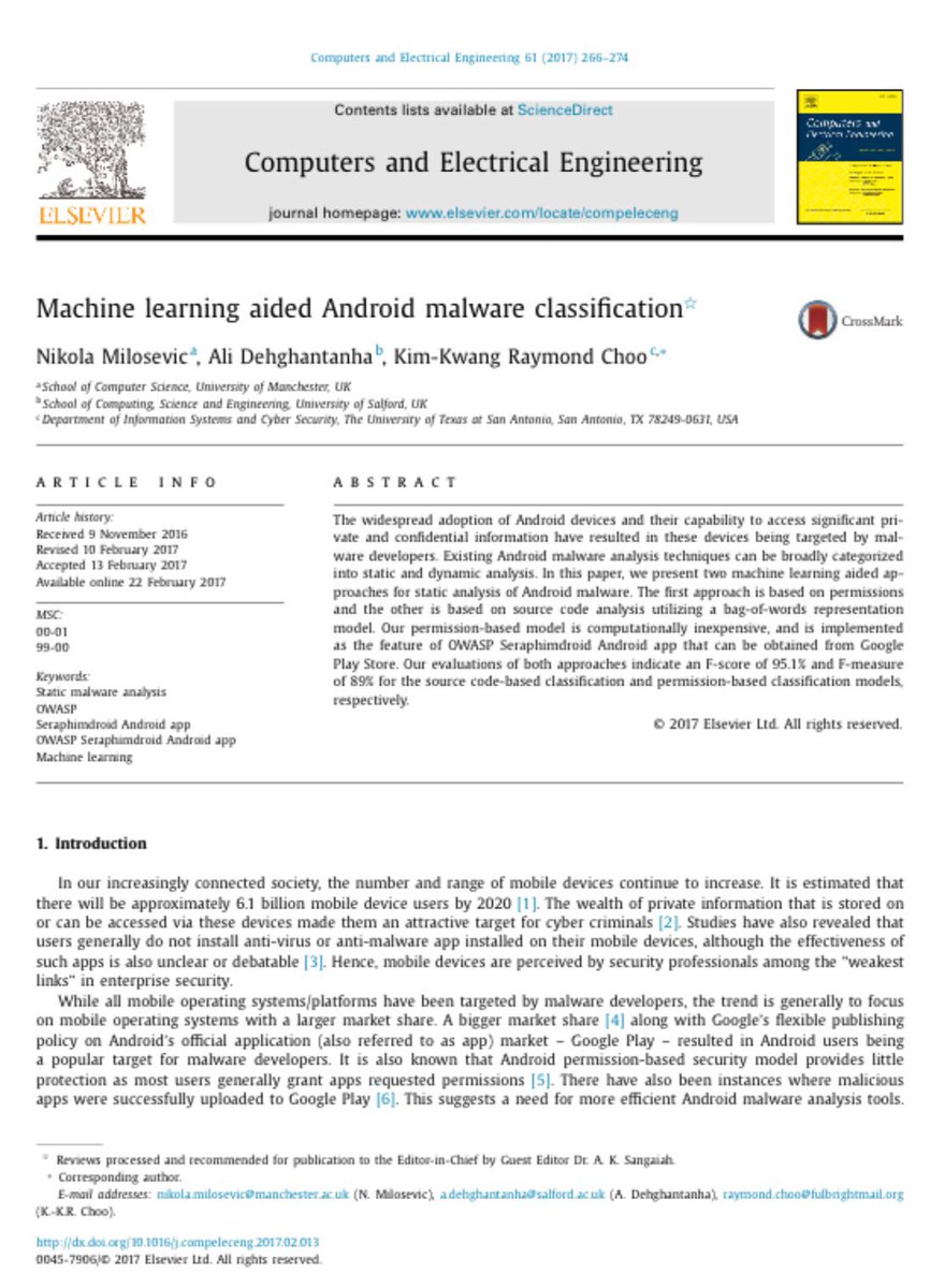 RaymondChooAu's tweet image. #MachineLearning learning aided #Androidmalware #Malwareclassification doi.org/10.1016/j.comp… #MobileMalware
