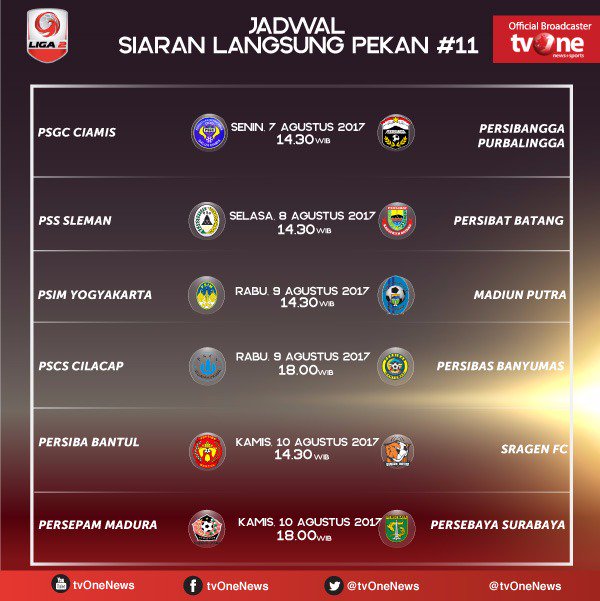 Jadwal siaran langsung pertandingan Liga 2 pekan 11
#Liga2tvOne