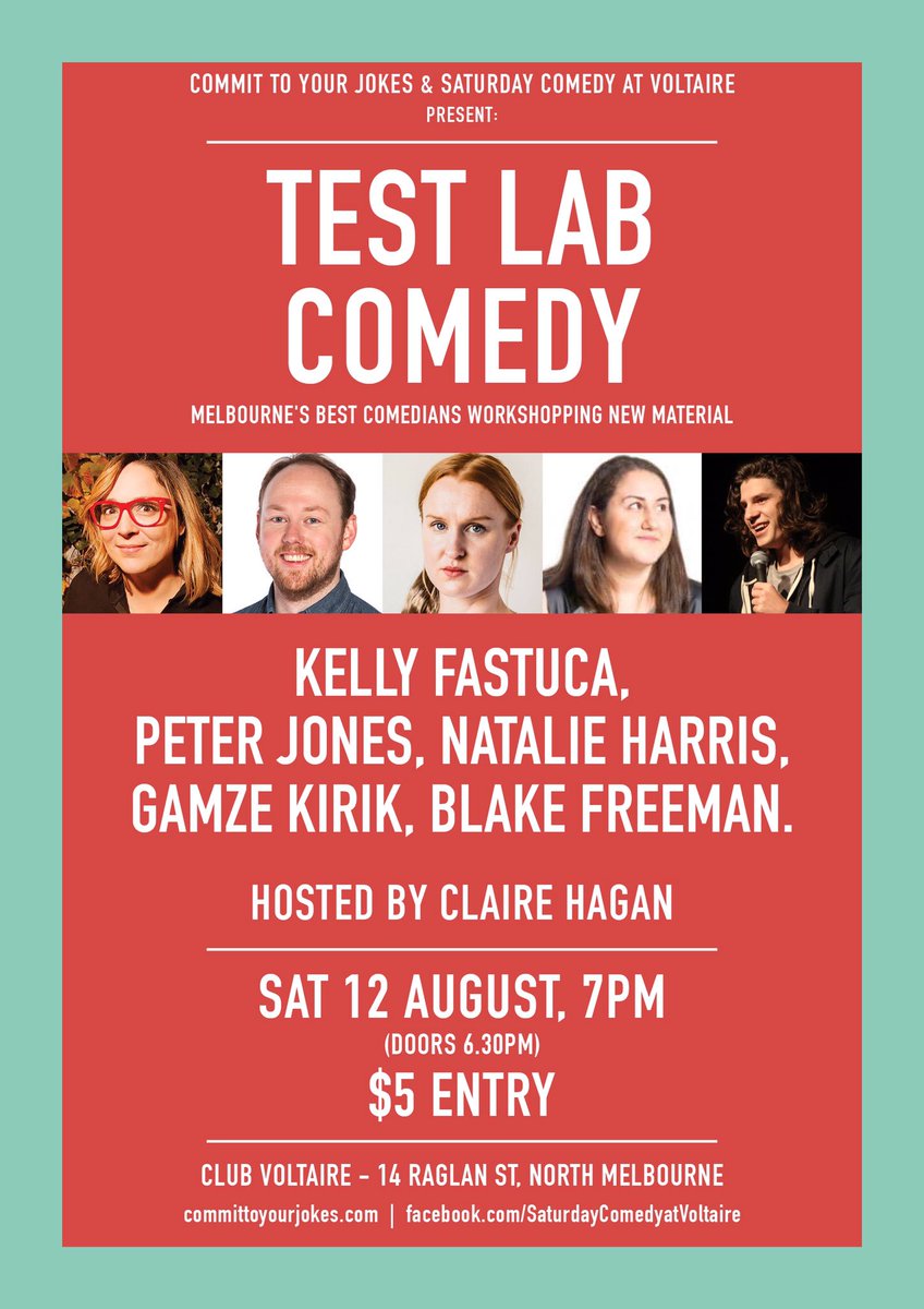 Come see Test Lab this Saturday at 7pm then follow it up by seeing <a href="/Jackdruce/">Jack Druce</a> at 8.30! What a night of comedy!! #Melbourne