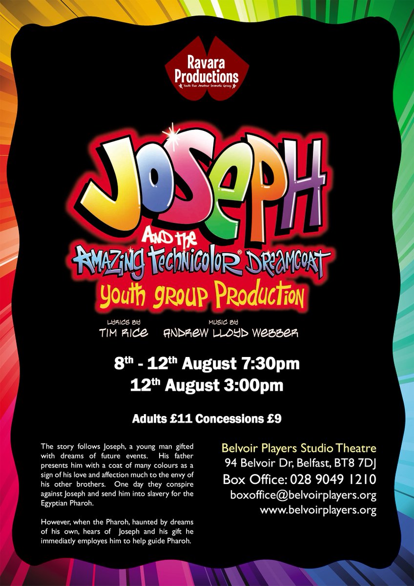 BelvoirPlayers's tweet photo. There are only a handful of tickets for tonight's performance of Joseph @RavaraP @artsni @theatre_ni @whatsonNI @Belfasttimes @love_belfast https://t.co/jjBnVIu6Bb