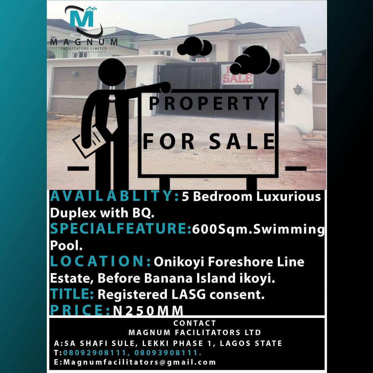 Magnumfa's tweet image. For Sale. 
Avail: 5 bedroom
Special Feat:swimming pool. 
Loc: onikoyi foreshore line estate. 
Tit:registered Lasg consent 
Pri: N250MM