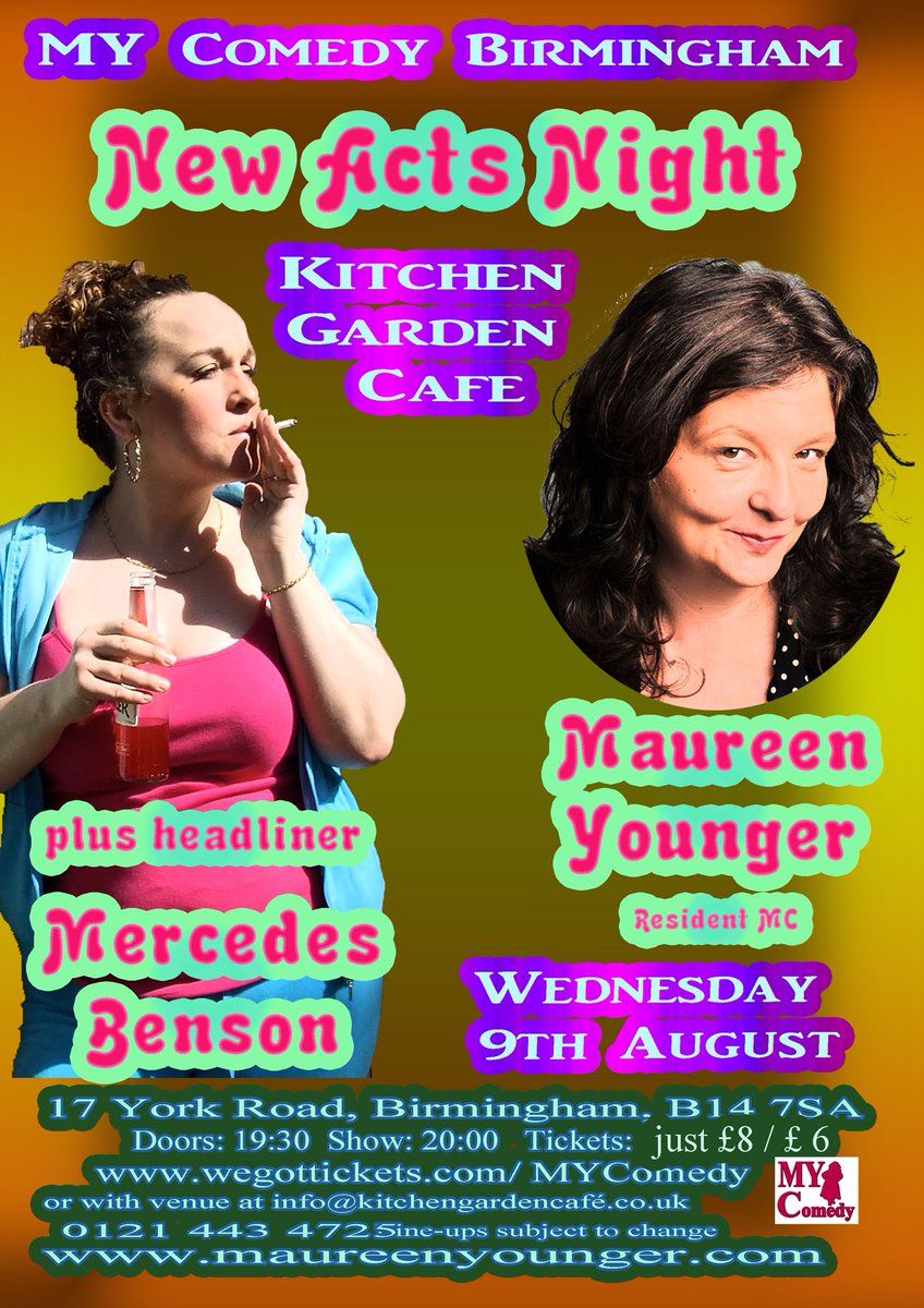 Comedy tonight with <a href="/maureenyounger/">Maureen Younger ❤️❤️❤️ Defend the NHS</a> <a href="/MercedesBenson/">Mercedes Benson</a> + up&amp;coming new comics <a href="/KitchenGarden3/">Kitchen Garden Cafe</a>. Tix just £8 wegottickets.com/mycomedy