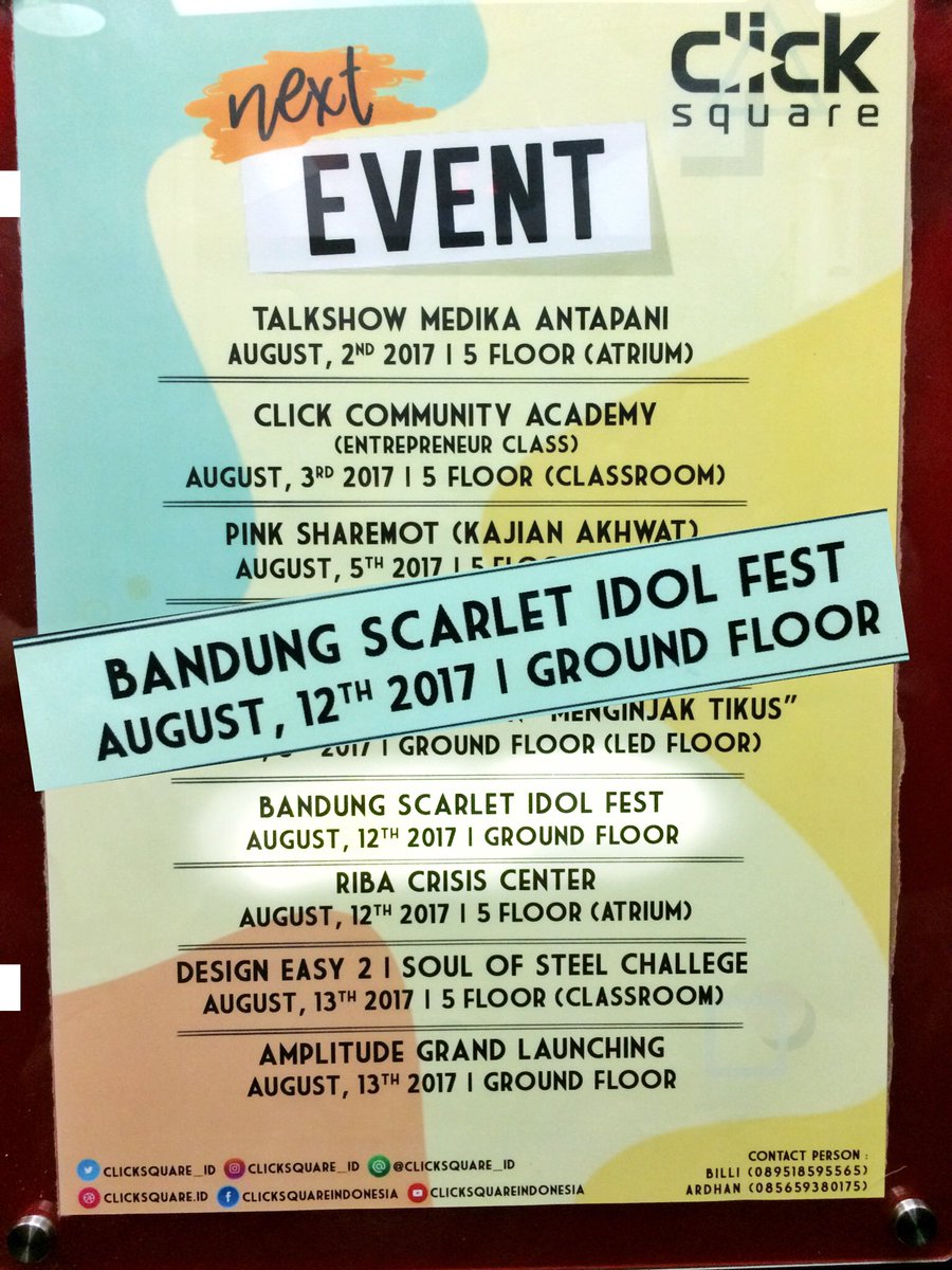 BSIF_EVENT's tweet photo. Ohayou! Catet tanggalnya yah 😄
Only at @clicksquare_id Bandung!
#BandungScarletIdolFest
#BSIF2017 https://t.co/93jeyE1Mnz