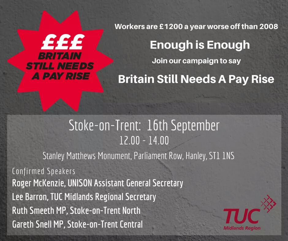 JoeMcC27's tweet photo. Workers are £1200 a year worse off than 2008 Enough is Enough Join @MidlandsTUC campaign to say "Britain Still Needs A Pay Rise" https://t.co/tcFmPuVhD2