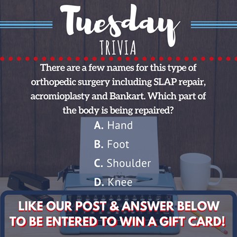 Orthotexas1's tweet photo. *GIVEAWAY* Like &amp; comment below to be entered to win a gift card! Winners will be announced tomorrow. Good Luck 😎 #TuesdayTrivia #OrthoTexas https://t.co/SLeFYMzFyd