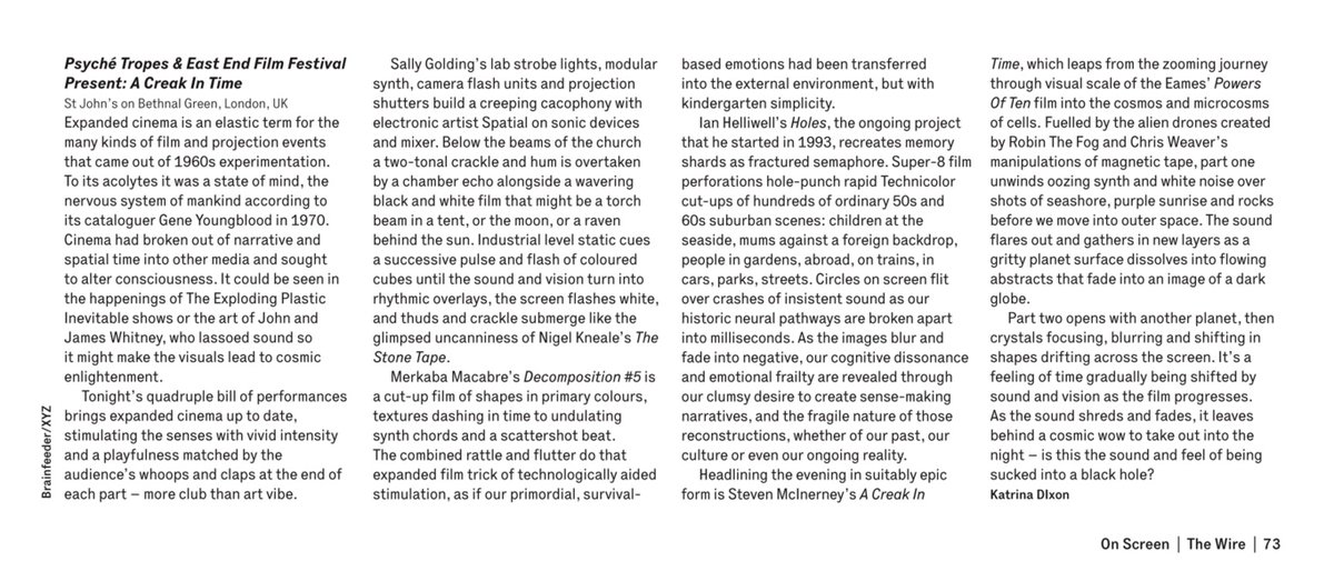 filmprocessor's tweet image. the @psychetropes &amp;amp; @EastEndFilmFest a creak in time event gets reviewed in issue 403 of @thewiremagazine by katrina dixon