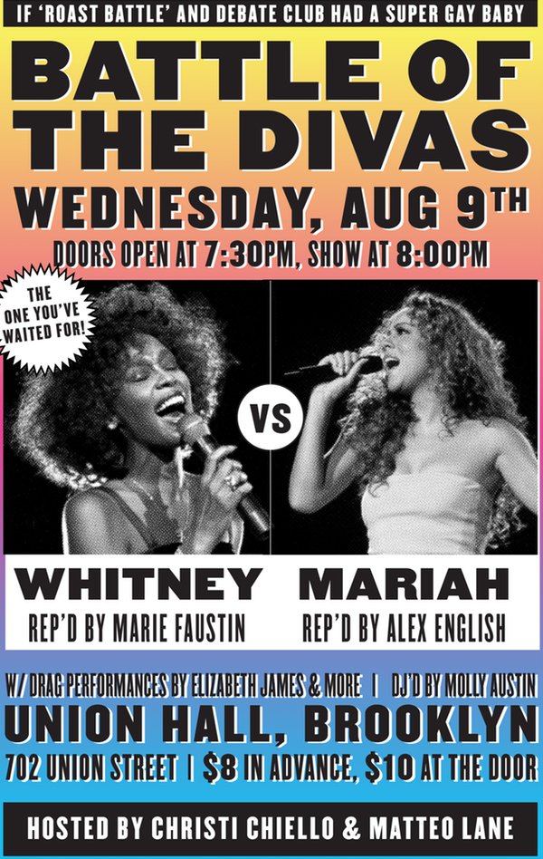 hybender's tweet photo. .@christichiello &amp; @MatteoLane host an epic Whitney vs. Mariah debate, w/ #drag, at @UnionHallNY: #BattleOfTheDivas https://t.co/5l3OcLtQl0 https://t.co/LlUebyx3PH