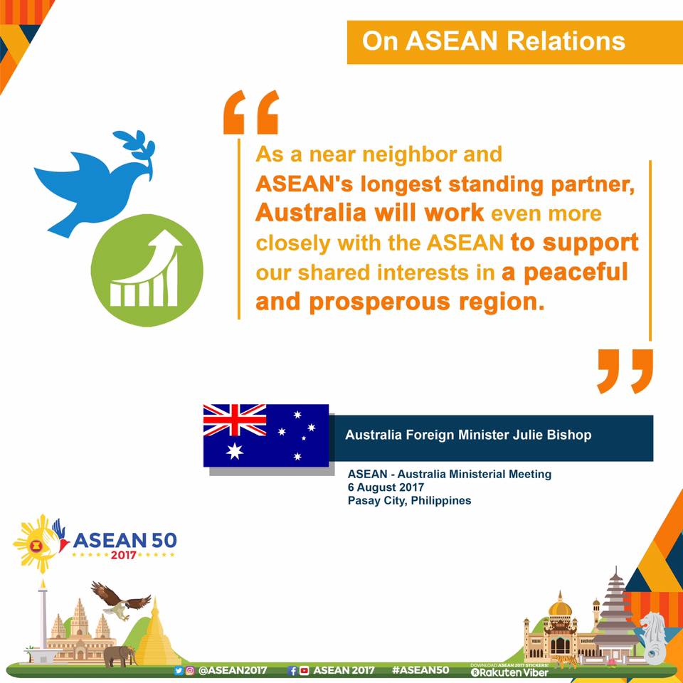 During the ASEAN-Australia Ministerial Meeting, Foreign Minister Bishop reaffirms their commitment to work closely with ASEAN. #ASEAN2017