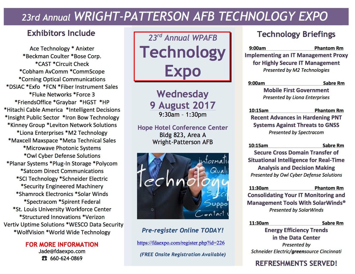 FDAexpo's tweet photo. Today is the 23rd annual @WrightPattAFB tech expo from 9:30am-1:30pm at the Hope Hotel. Free for all military personnel to attend! https://t.co/RvnMJWnt38