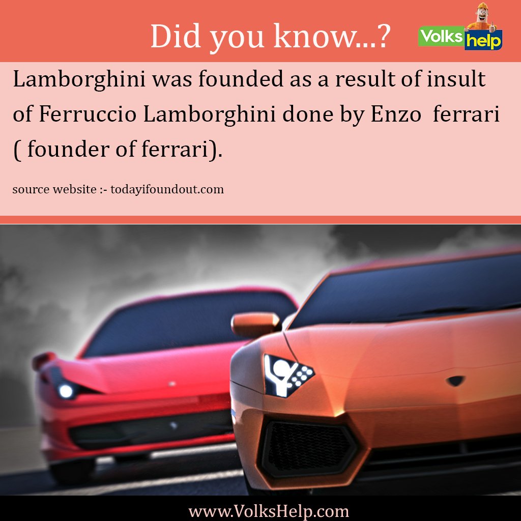 Lamborghini was founded as a result of insult of Ferruiccio Lamborghini done by Enzo ferrari.
Source: goo.gl/reiH3R
#didyouknow