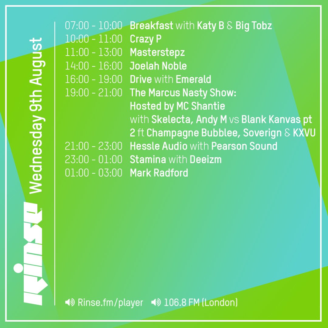 RinseFM's tweet photo. Heres what today looks like on Rinse FM!

@BigTobzsf @JoelahNoble @djmasterstepz @hessleaudio 

https://t.co/Q0ed1ktSEG &amp; 106.8FM #RinseFM https://t.co/fJ8mZ534ep
