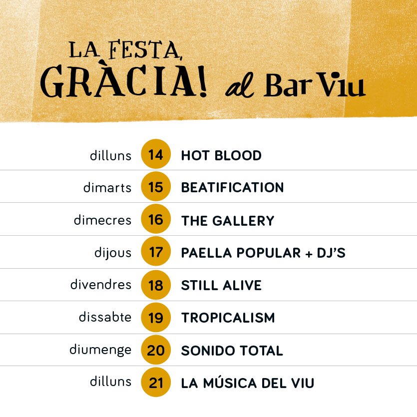 BarViu_gracia's tweet photo. Queden 6 dies per les #festesdegracia2017 i ja tenim planificats 8 dies de música, actuacions en viu i altres, per gaudir de La Festa a mil! https://t.co/qegDcb2Nno