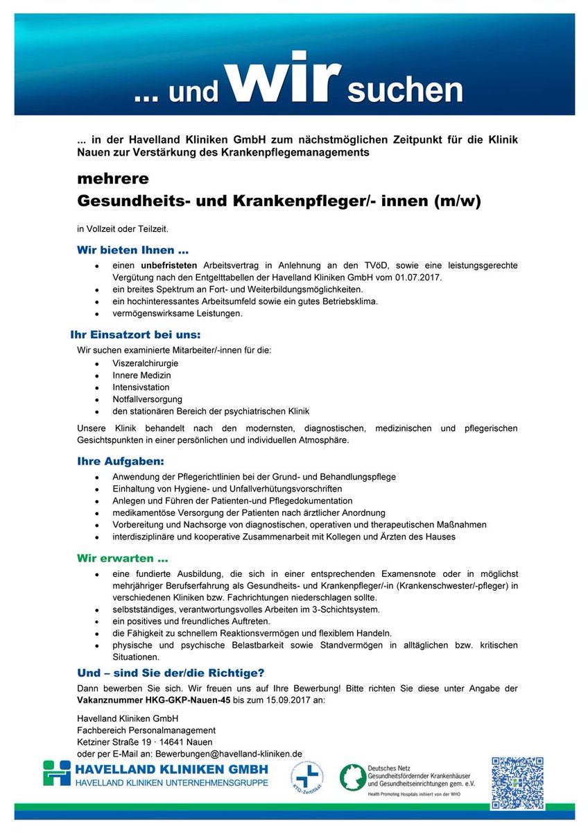 Havelland Kliniken Stellenausschreibung Gesundheits Und Krankenpfleger In M W Und Betreuungskraft M W Jetzt Bewerben T Co Vl0w6ayjie Jobs T Co 5zwm6845xl