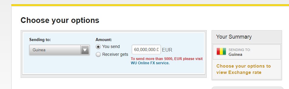 bossy12's tweet photo. @WesternUnion trying to send money to Guinea for Naby Keita
what am i doing wrong??? #LFC #movingmoneyforbetter https://t.co/FReHla7wzZ