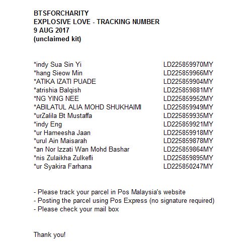 btsforcharity's tweet photo. #EXPLOSIVE_LOVE 

Tracking Number (unclaimed kit)

Pls read tq 😊 https://t.co/aJ3OdD75vA