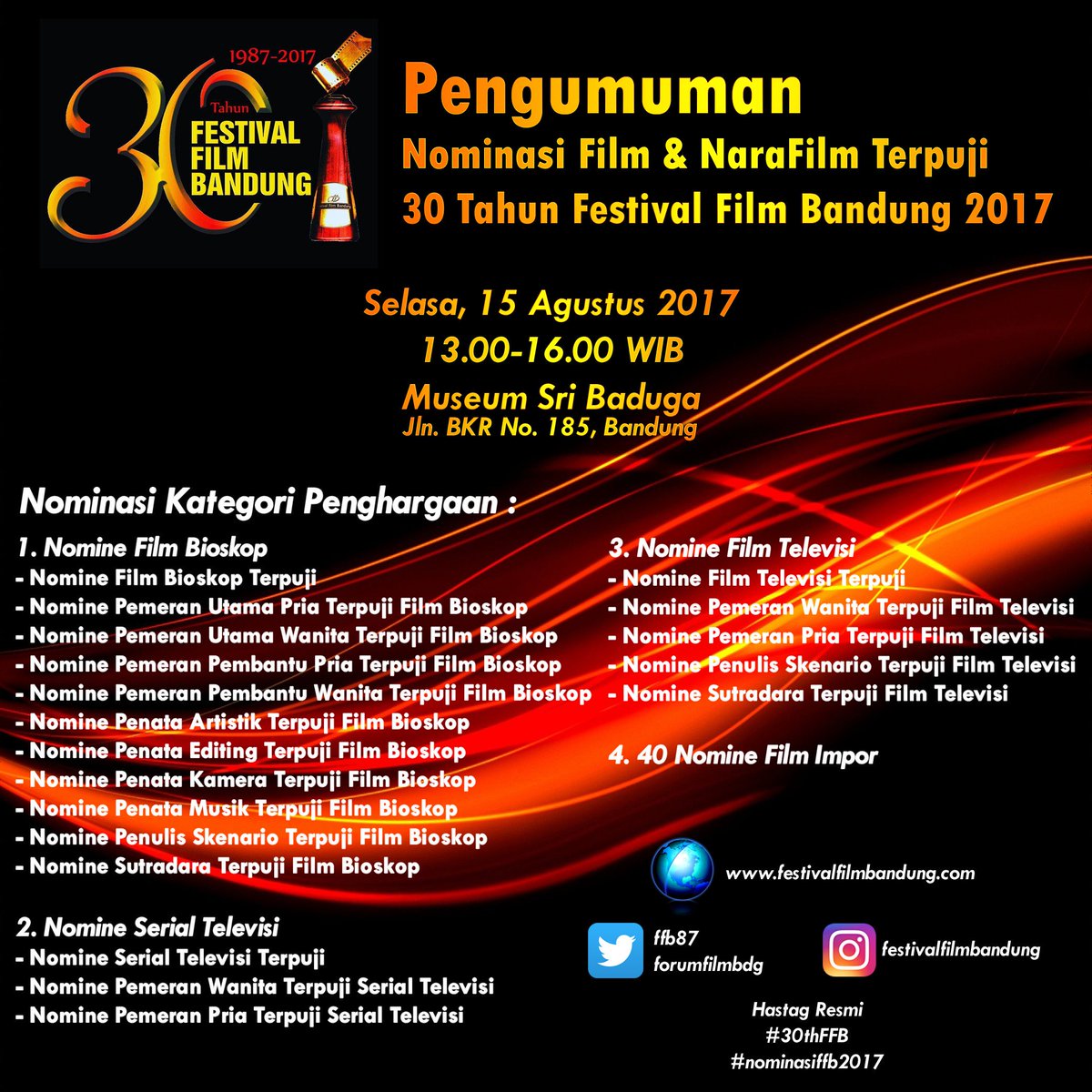 ffb87's tweet photo. Pengumuman Nominasi #30thnFFB 2017 Akan Dilaksanakan Tgl 15/8/17, di Museum Sri Baduga, Jln. BKR 185, Bandung  [Free Entry] [Gratis] https://t.co/1vKqR5VGzO