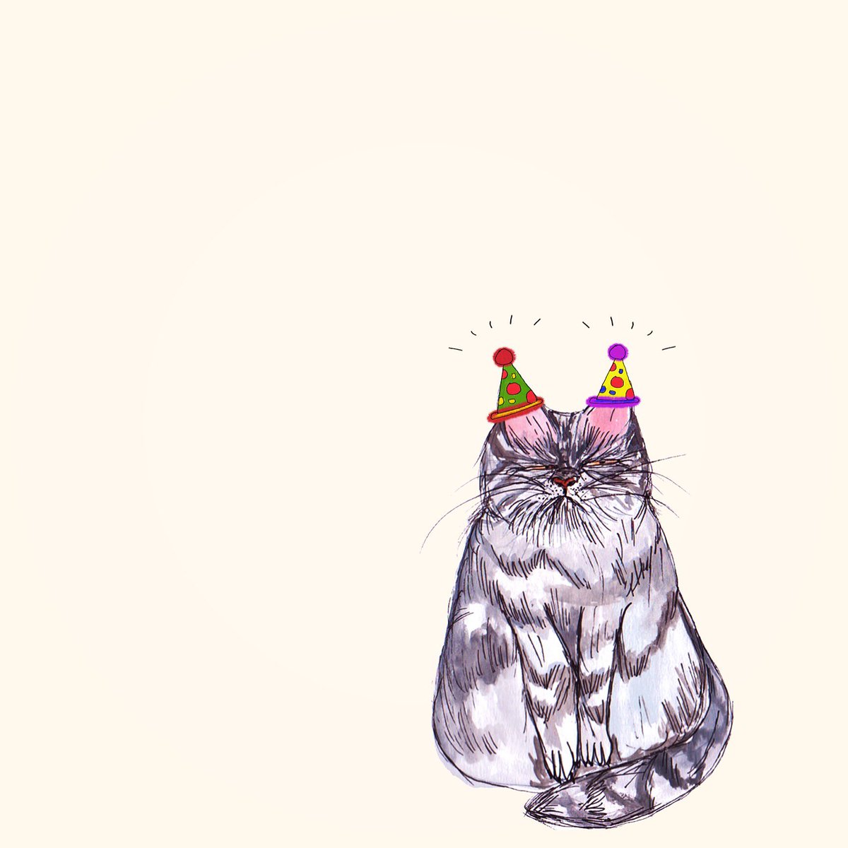 caz_draws's tweet photo. #NationalCatDay yesterday so here's the happiest kitty cat we know, wearing not 1...but 2 party hats to celebrate 🐱 she's SO fancy https://t.co/mSB76siCEY