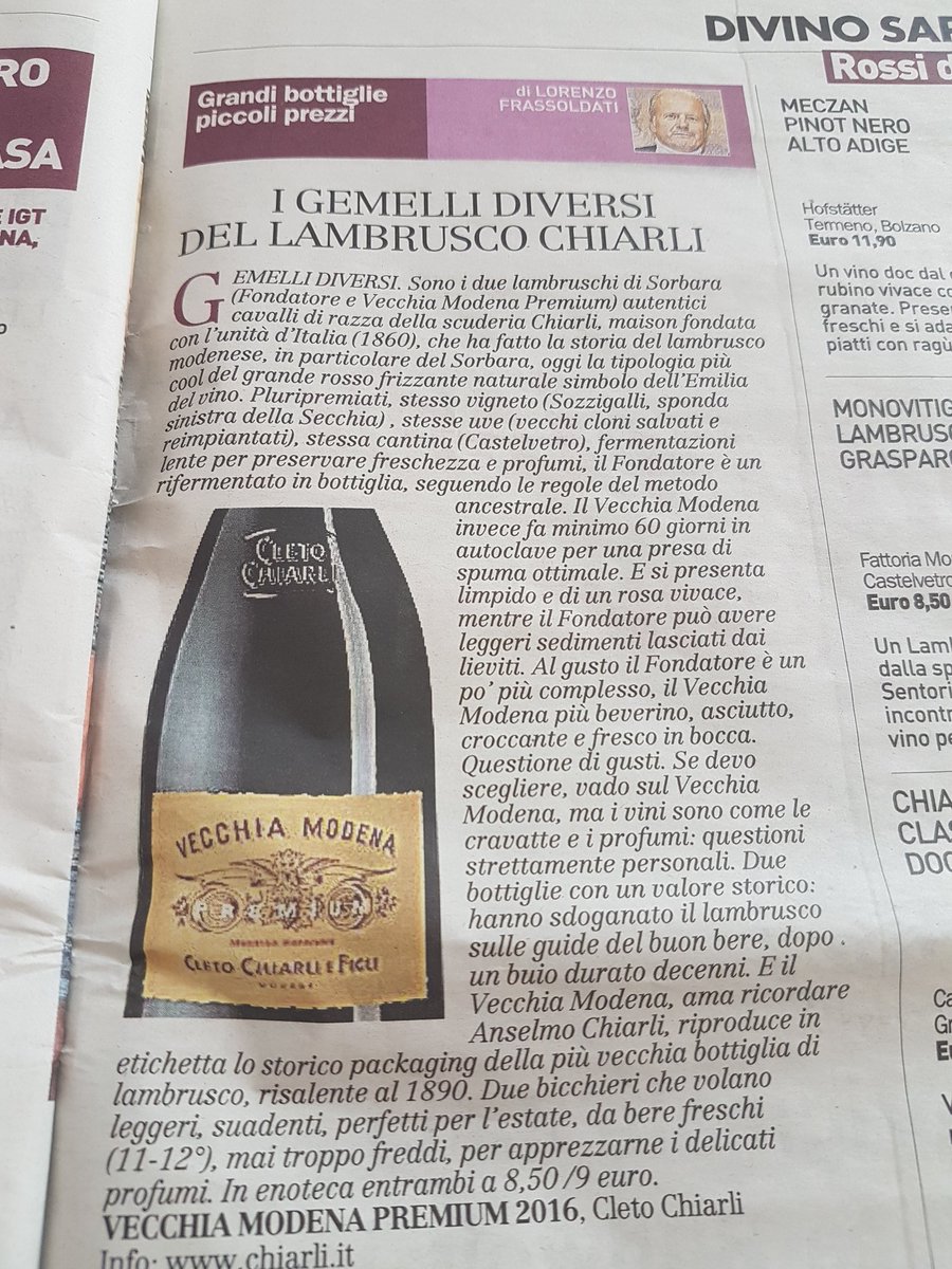 FrassoldatiL's tweet photo. Oggi sul Quotidiano Nazionale segnalo 2 bottiglie di Chiarli che hanno fatto la storia del Lambrusco https://t.co/tXWyOpupv5