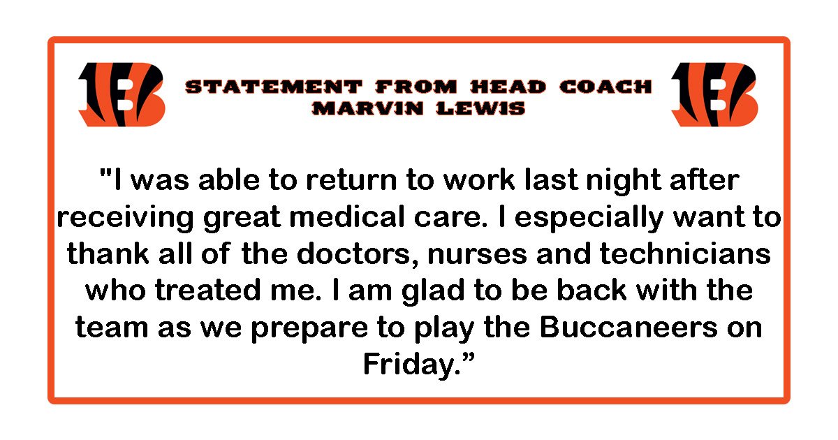 HC Marvin Lewis is back and will coach our game on Friday night. #Bengals50 https://t.co/yZys561ZU2