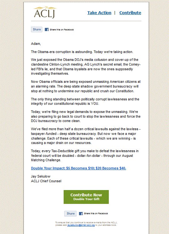 Adam_Taxin's tweet image. Today's daily sponging e-mail/"$urvey" from the vile Jay $ekulow. How #Trump keeps this life-long schnorrer is amazing. Not good.