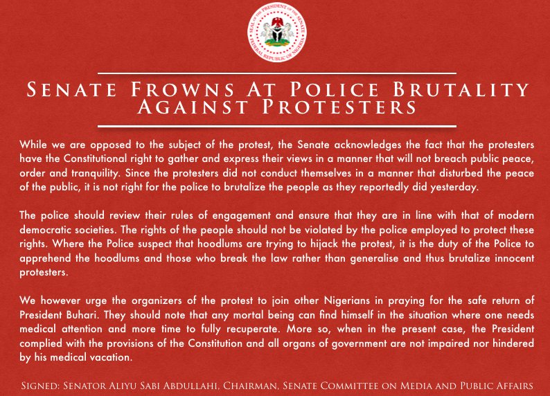 Senate condemned alleged use of force by operatives of Nigeria Police Force against protesters in Abuja yesterday, defended anti-Buhari protesters.