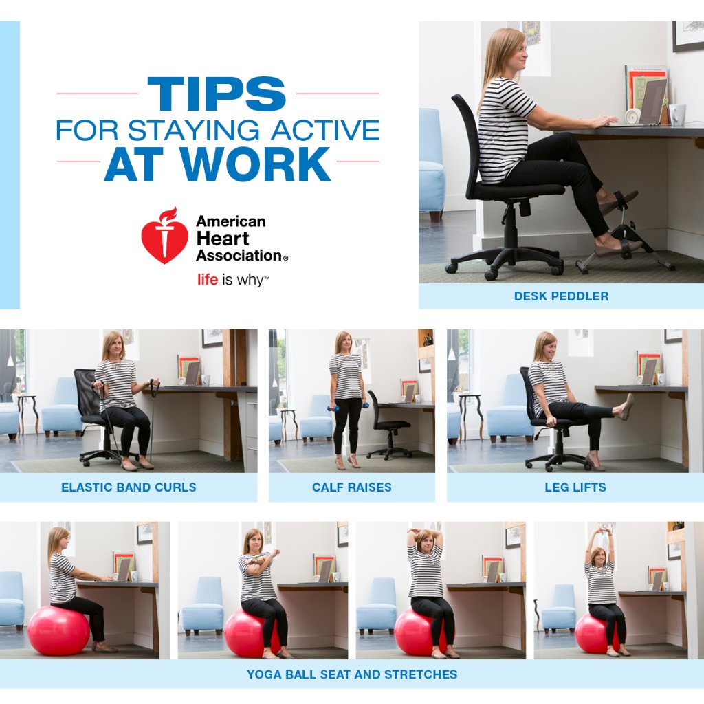 AmericanHeartTX's tweet photo. Staying active is one of the best ways to stay healthy and live longer. Here are tips on how to stay active at work. #workout #houstoniswhy https://t.co/ZBhYXzxsT6