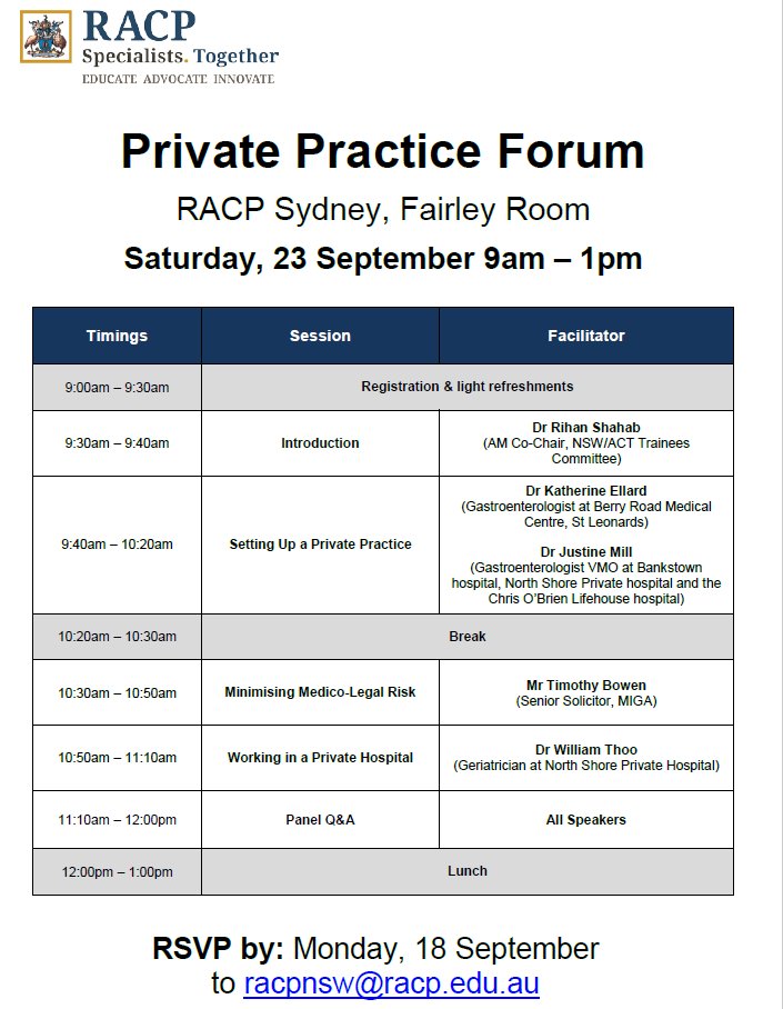 RihanShahab's tweet photo. Program for NSW/ACT Trainees' Committee's inaugural Private Practice Forum! Open to all @TheRACP members #PPF2017 https://t.co/BplzJNieMM https://t.co/BrOxlQk6pj
