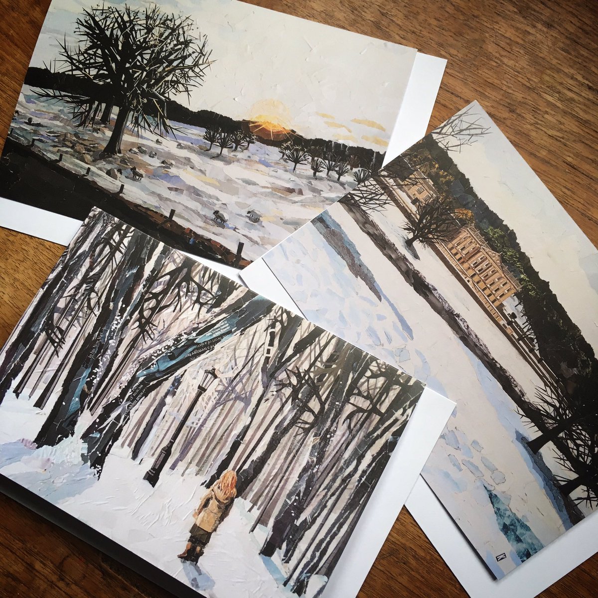 KAdamsonArtist's tweet photo. They've arrived! I'll get them listed ASAP and contact everyone who's reserved #collage #artcards #wintercards #chatsworthestate #narnia https://t.co/n1WNvHc5H3