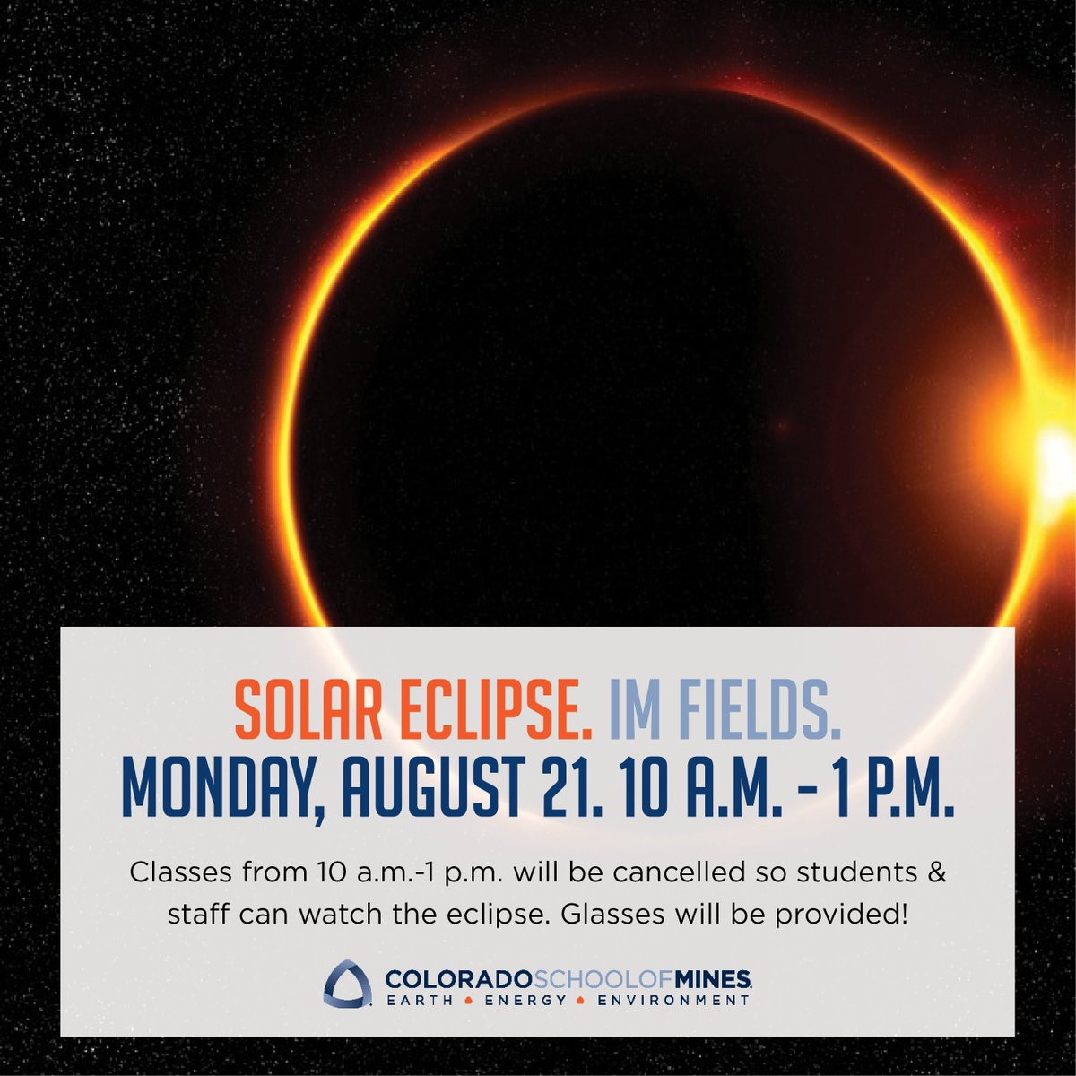 coschoolofmines's tweet photo. This is really going to brighten the first day of class! #noclasses #SolarEclipse2017 #MinesLife https://t.co/7RszVWlDJi