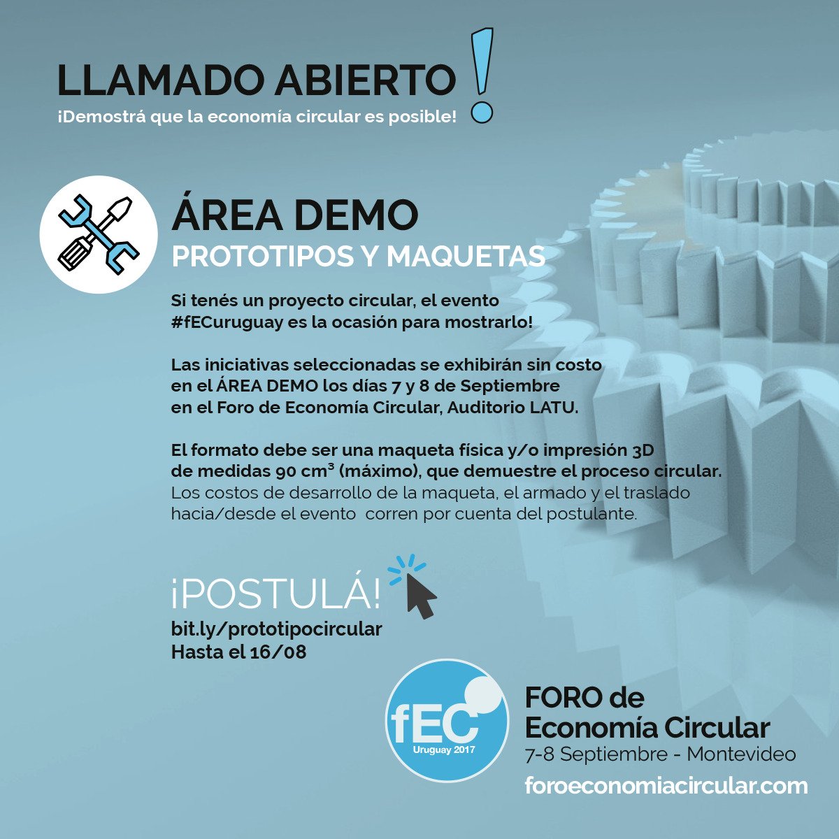fEClatam's tweet photo. 📣⚙ ¡Mostrá tu proyecto circular en el Foro de Economía Circular! Postula aqui: https://t.co/VthlnOrNfd #economiacircular #circulareconomy https://t.co/p8XPTdIgs4