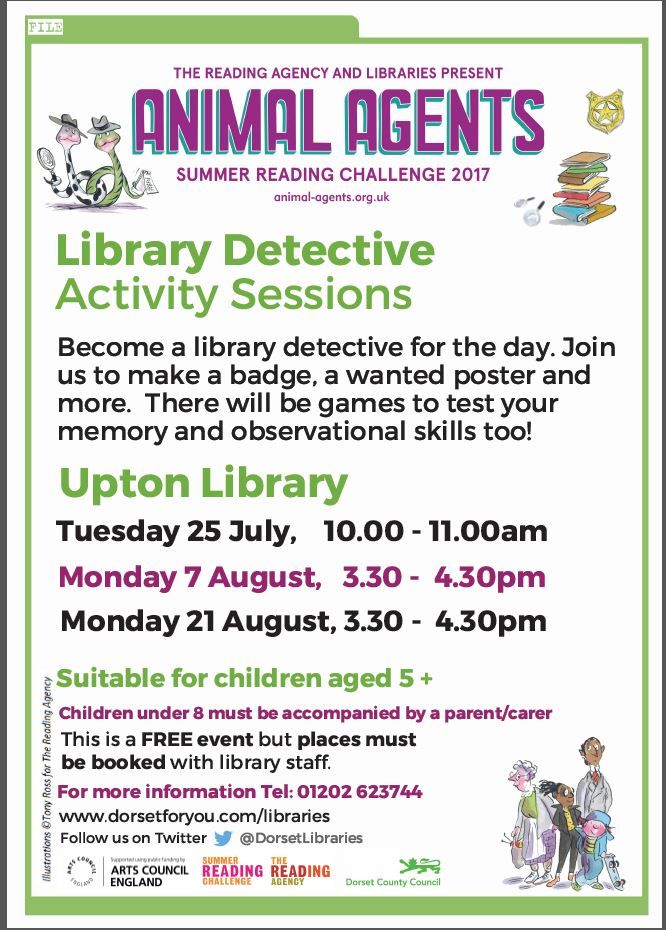 DorsetLibraries's tweet photo. Come along to be a Library Detective at #UptonLibrary. Sessions on 25/7, 7/8 and 21/8. Please see poster for times. Booking essential!! https://t.co/Co8bIC4QOX