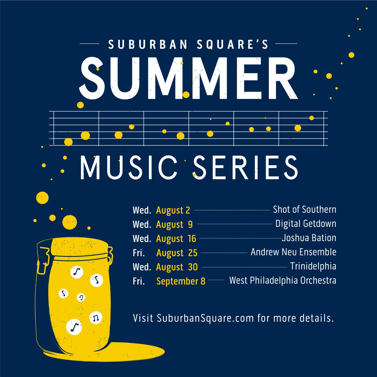 SuburbanSquare's tweet photo. TODAY: If you're looking for a fun way to spend your afternoon, pop by for our Summer Music Series at 6:30 p.m. for tunes from @DGetdown! https://t.co/cTJ0CIGdVd