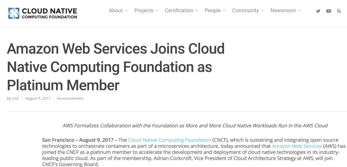 #AWS is excited to join <a href="/CloudNativeFdn/">CNCF</a> as Platinum member, <a href="/adrianco/">Adrian Cockcroft - now @adrianco@mastodon.social</a> will be on the Board  cncf.io/announcement/2…  medium.com/@adrianco/clou…